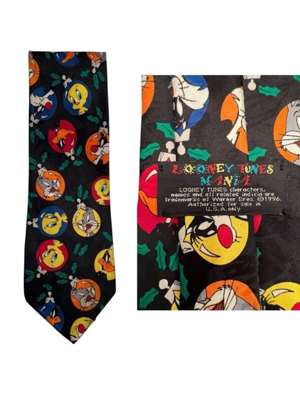 Vintage 1996 Warner Bros. Looney Tunes Colorful Character Tie Tweety, Bugs Bunny